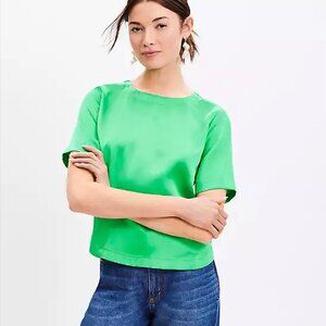 Loft Green Satin Short Sleeve Blouse Size Large Petite LP NWT